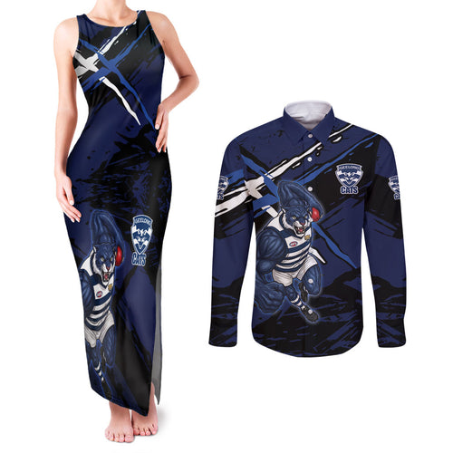 Geelong Football Club Couples Matching Tank Maxi Dress and Long Sleeve Button Shirt Cats Muscular Mascot Graphic - Abstract Paint Splatter Art