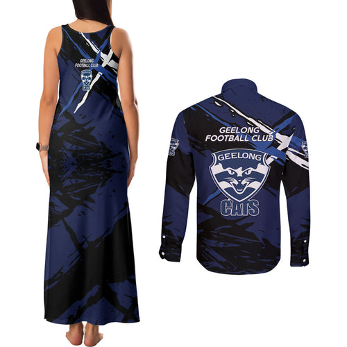 Geelong Football Club Couples Matching Tank Maxi Dress and Long Sleeve Button Shirt Cats Muscular Mascot Graphic - Abstract Paint Splatter Art