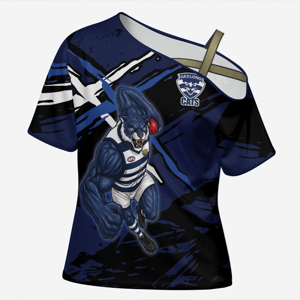 Geelong Football Club Cross Shoulder Shirt Cats Muscular Mascot Graphic - Abstract Paint Splatter Art