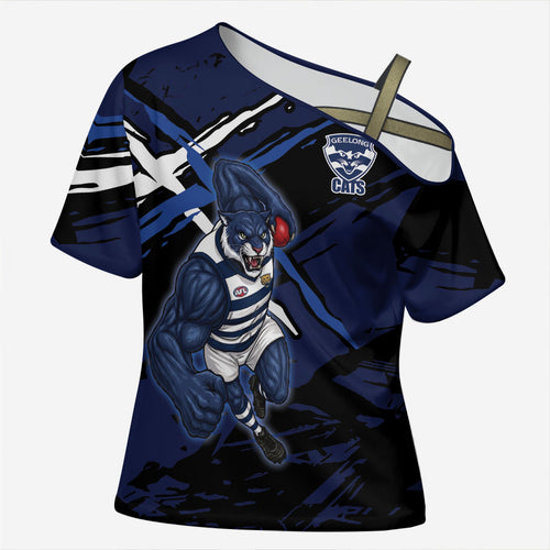 Geelong Football Club Cross Shoulder Shirt Cats Muscular Mascot Graphic - Abstract Paint Splatter Art