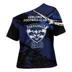 Geelong Football Club Cross Shoulder Shirt Cats Muscular Mascot Graphic - Abstract Paint Splatter Art