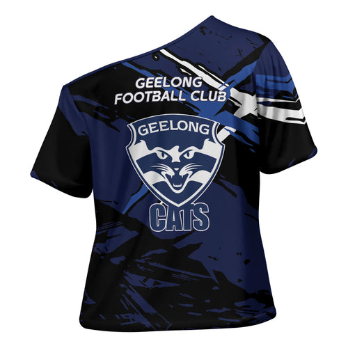 Geelong Football Club Cross Shoulder Shirt Cats Muscular Mascot Graphic - Abstract Paint Splatter Art