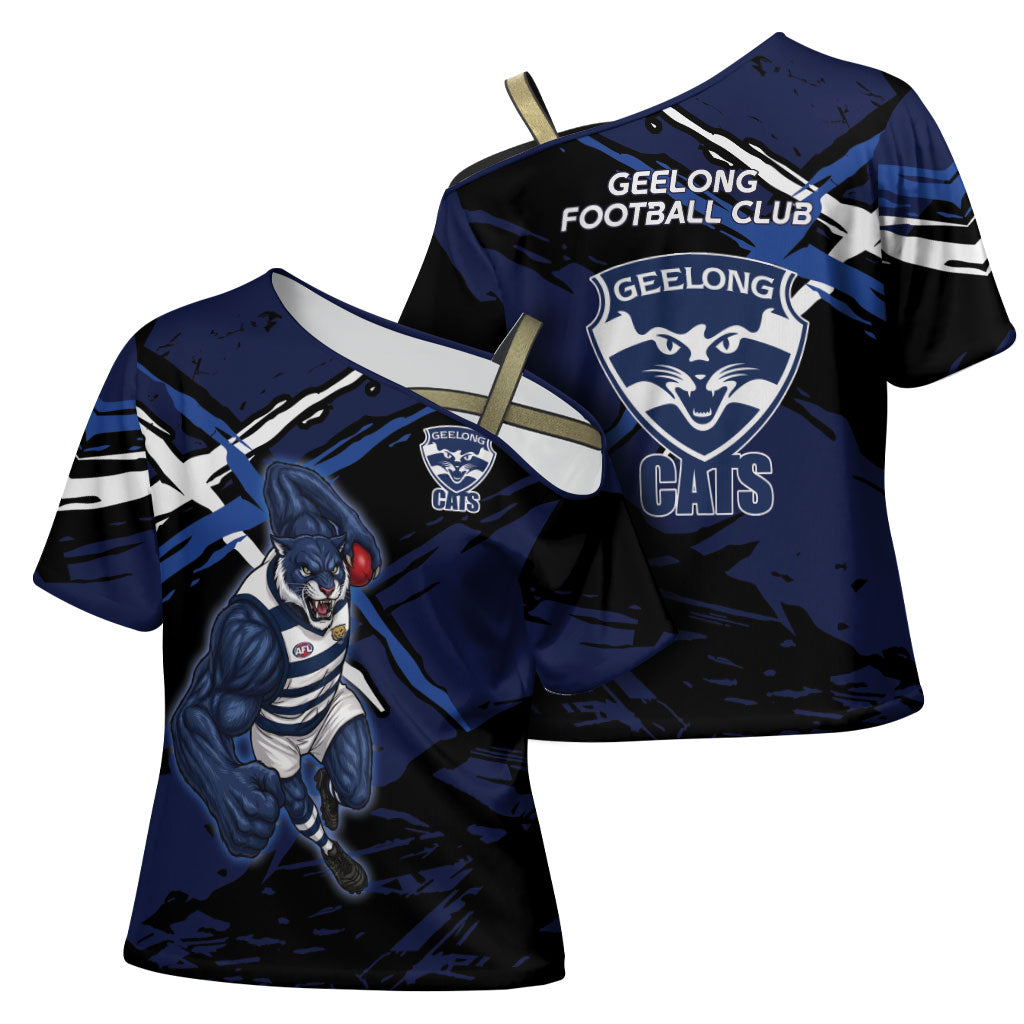 Geelong Football Club Cross Shoulder Shirt Cats Muscular Mascot Graphic - Abstract Paint Splatter Art