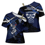Geelong Football Club Cross Shoulder Shirt Cats Muscular Mascot Graphic - Abstract Paint Splatter Art