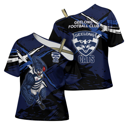 Geelong Football Club Cross Shoulder Shirt Cats Muscular Mascot Graphic - Abstract Paint Splatter Art