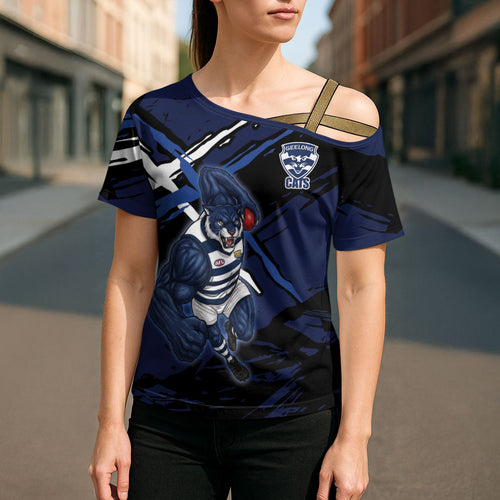 Geelong Football Club Cross Shoulder Shirt Cats Muscular Mascot Graphic - Abstract Paint Splatter Art