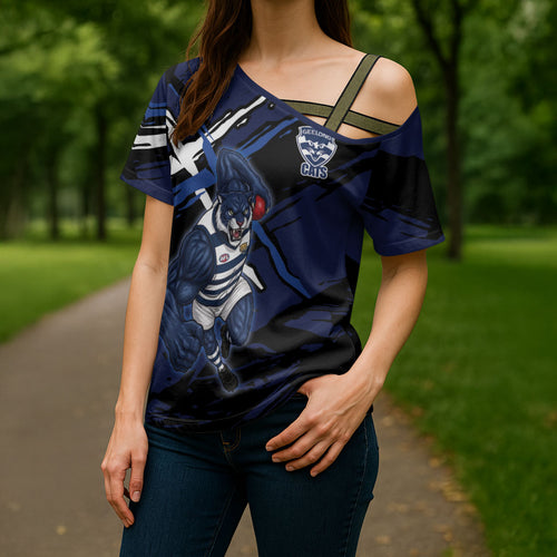 Geelong Football Club Cross Shoulder Shirt Cats Muscular Mascot Graphic - Abstract Paint Splatter Art