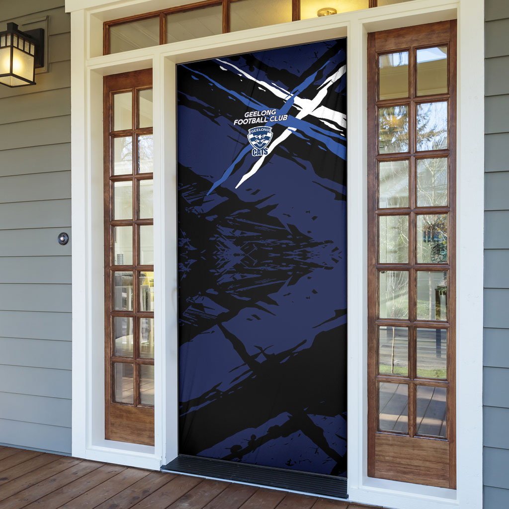 Geelong Football Club Door Cover Cats Muscular Mascot Graphic - Abstract Paint Splatter Art