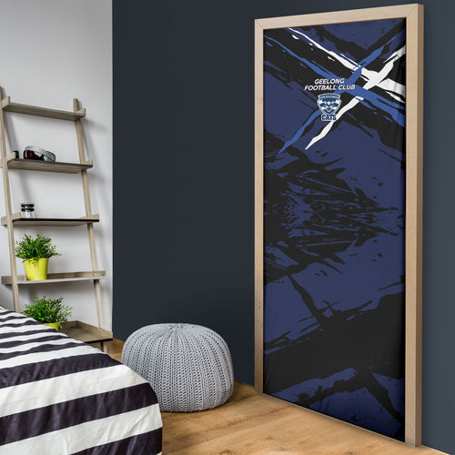 Geelong Football Club Door Cover Cats Muscular Mascot Graphic - Abstract Paint Splatter Art