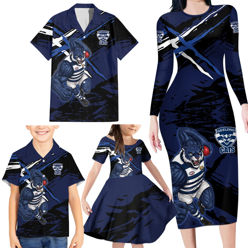 Geelong Football Club Family Matching Long Sleeve Bodycon Dress and Hawaiian Shirt Cats Muscular Mascot Graphic - Abstract Paint Splatter Art
