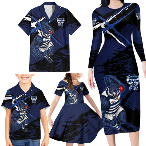 Geelong Football Club Family Matching Long Sleeve Bodycon Dress and Hawaiian Shirt Cats Muscular Mascot Graphic - Abstract Paint Splatter Art