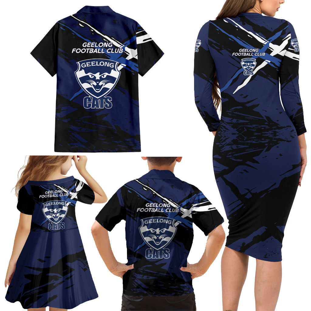 Geelong Football Club Family Matching Long Sleeve Bodycon Dress and Hawaiian Shirt Cats Muscular Mascot Graphic - Abstract Paint Splatter Art