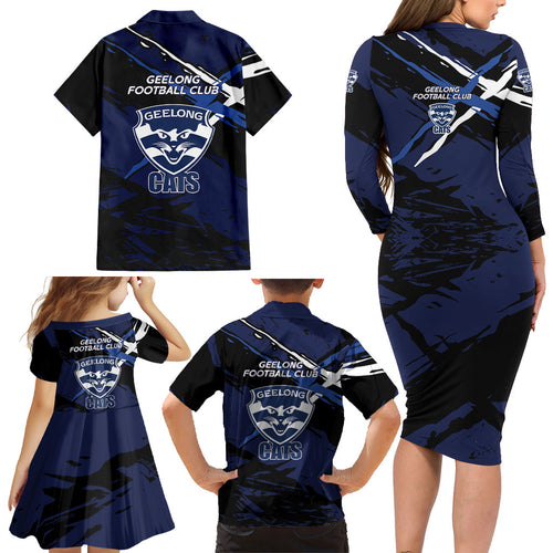 Geelong Football Club Family Matching Long Sleeve Bodycon Dress and Hawaiian Shirt Cats Muscular Mascot Graphic - Abstract Paint Splatter Art