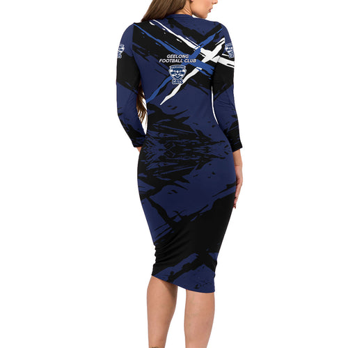 Geelong Football Club Family Matching Long Sleeve Bodycon Dress and Hawaiian Shirt Cats Muscular Mascot Graphic - Abstract Paint Splatter Art