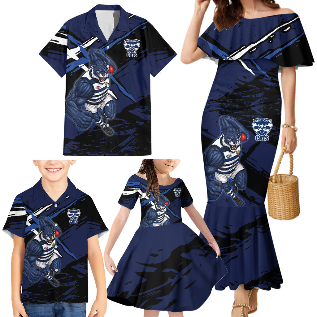 Geelong Football Club Family Matching Mermaid Dress and Hawaiian Shirt Cats Muscular Mascot Graphic - Abstract Paint Splatter Art