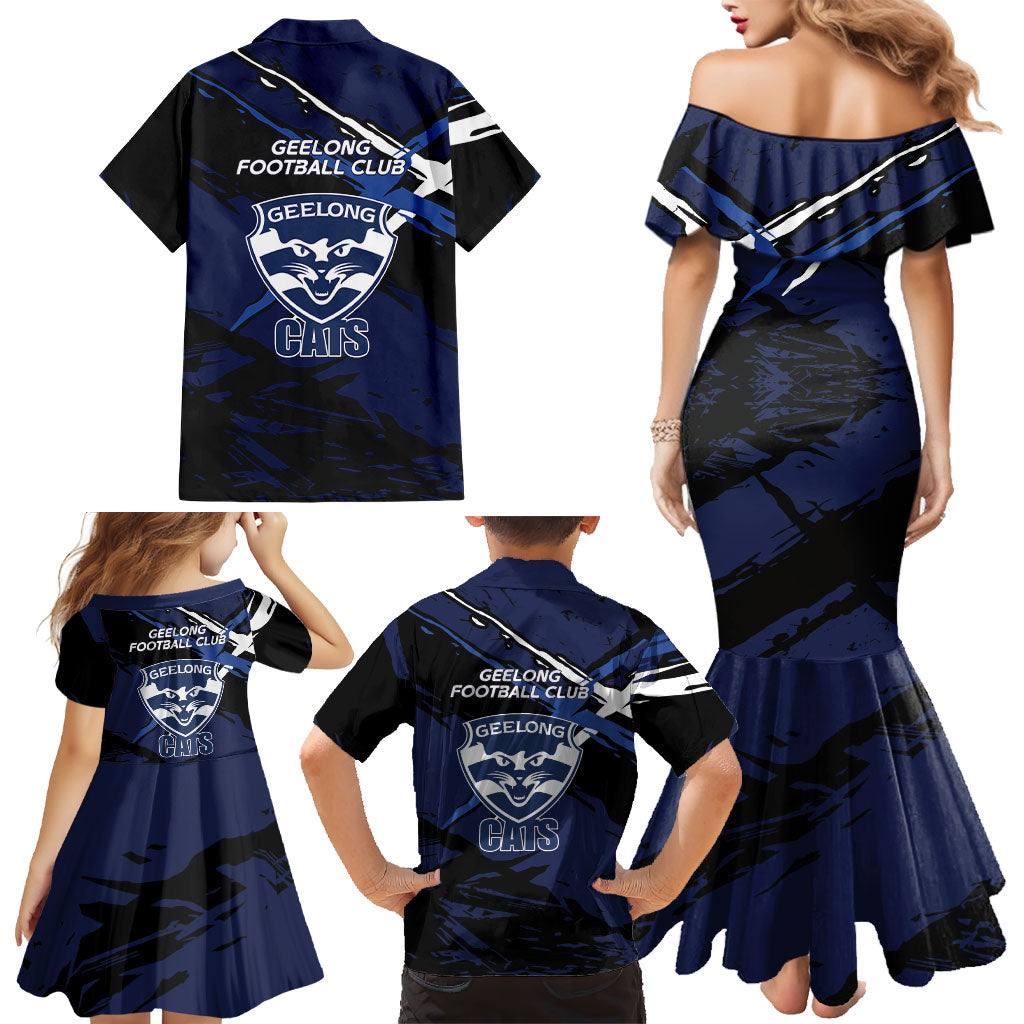 Geelong Football Club Family Matching Mermaid Dress and Hawaiian Shirt Cats Muscular Mascot Graphic - Abstract Paint Splatter Art