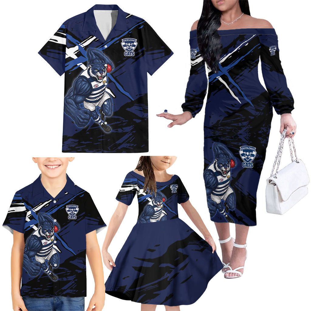 Geelong Football Club Family Matching Off The Shoulder Long Sleeve Dress and Hawaiian Shirt Cats Muscular Mascot Graphic - Abstract Paint Splatter Art
