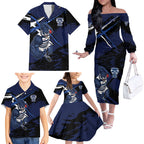 Geelong Football Club Family Matching Off The Shoulder Long Sleeve Dress and Hawaiian Shirt Cats Muscular Mascot Graphic - Abstract Paint Splatter Art
