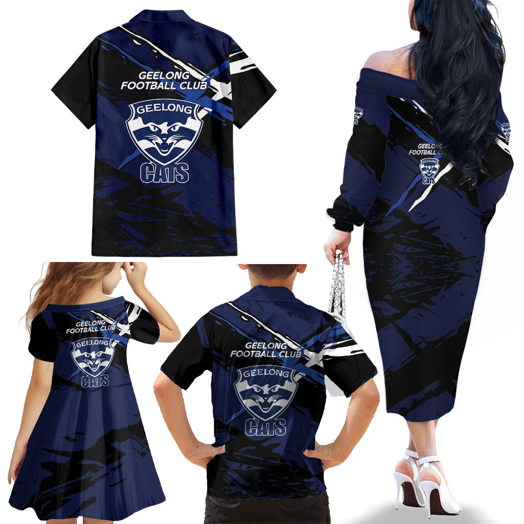Geelong Football Club Family Matching Off The Shoulder Long Sleeve Dress and Hawaiian Shirt Cats Muscular Mascot Graphic - Abstract Paint Splatter Art