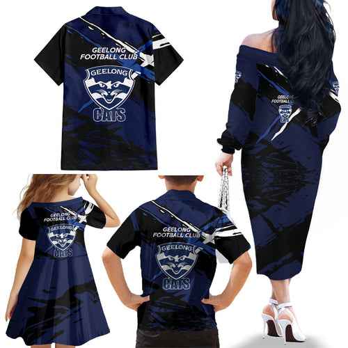 Geelong Football Club Family Matching Off The Shoulder Long Sleeve Dress and Hawaiian Shirt Cats Muscular Mascot Graphic - Abstract Paint Splatter Art