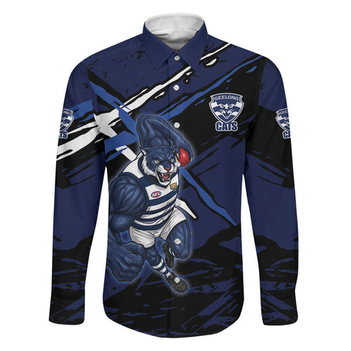 Geelong Football Club Family Matching Off The Shoulder Long Sleeve Dress and Hawaiian Shirt Cats Muscular Mascot Graphic - Abstract Paint Splatter Art