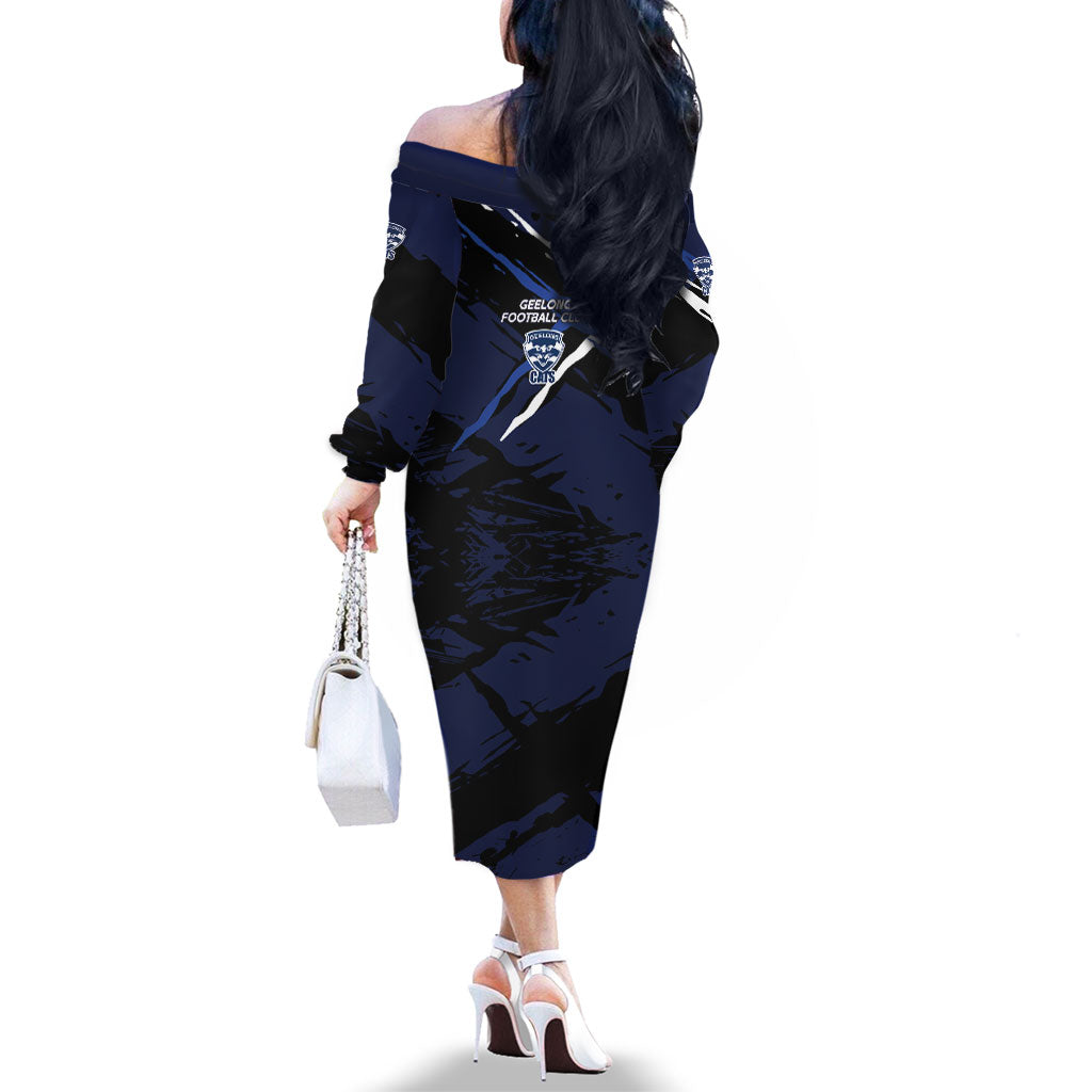 Geelong Football Club Family Matching Off The Shoulder Long Sleeve Dress and Hawaiian Shirt Cats Muscular Mascot Graphic - Abstract Paint Splatter Art