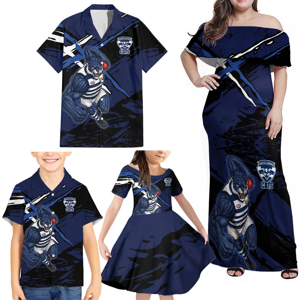 Geelong Football Club Family Matching Off Shoulder Maxi Dress and Hawaiian Shirt Cats Muscular Mascot Graphic - Abstract Paint Splatter Art