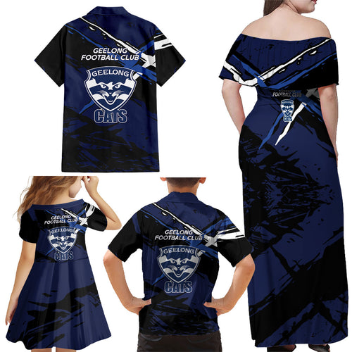 Geelong Football Club Family Matching Off Shoulder Maxi Dress and Hawaiian Shirt Cats Muscular Mascot Graphic - Abstract Paint Splatter Art