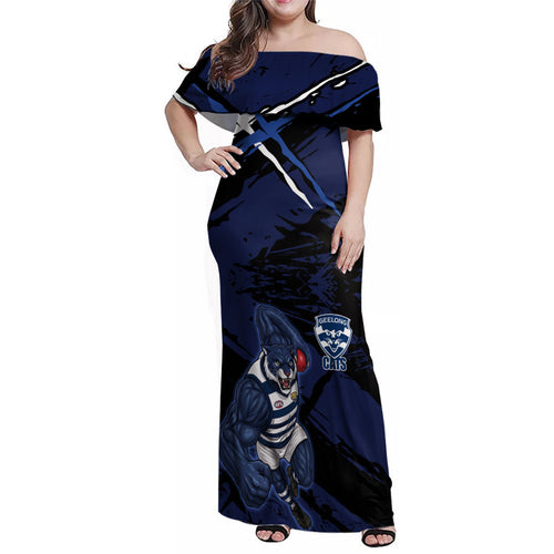 Geelong Football Club Family Matching Off Shoulder Maxi Dress and Hawaiian Shirt Cats Muscular Mascot Graphic - Abstract Paint Splatter Art