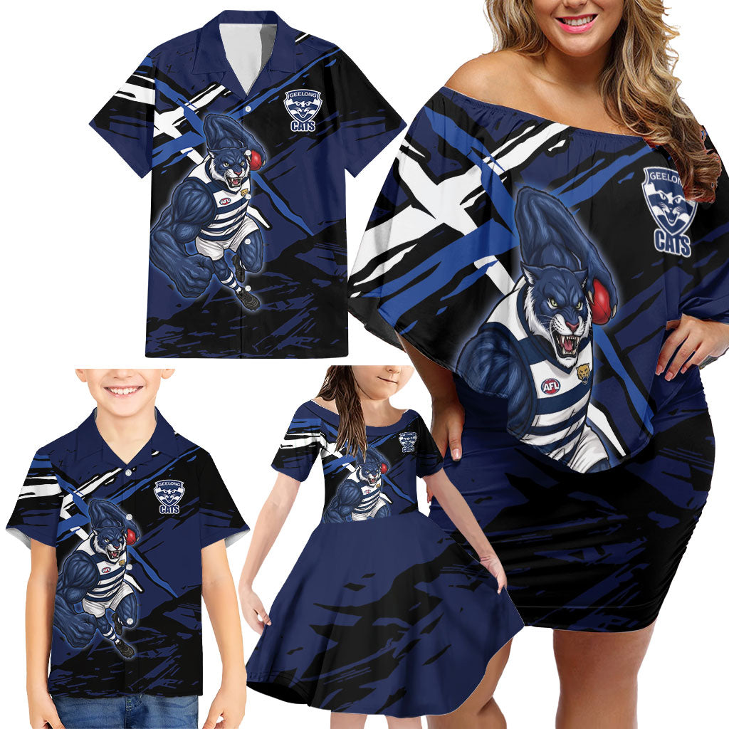 Geelong Football Club Family Matching Off Shoulder Short Dress and Hawaiian Shirt Cats Muscular Mascot Graphic - Abstract Paint Splatter Art