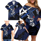 Geelong Football Club Family Matching Off Shoulder Short Dress and Hawaiian Shirt Cats Muscular Mascot Graphic - Abstract Paint Splatter Art