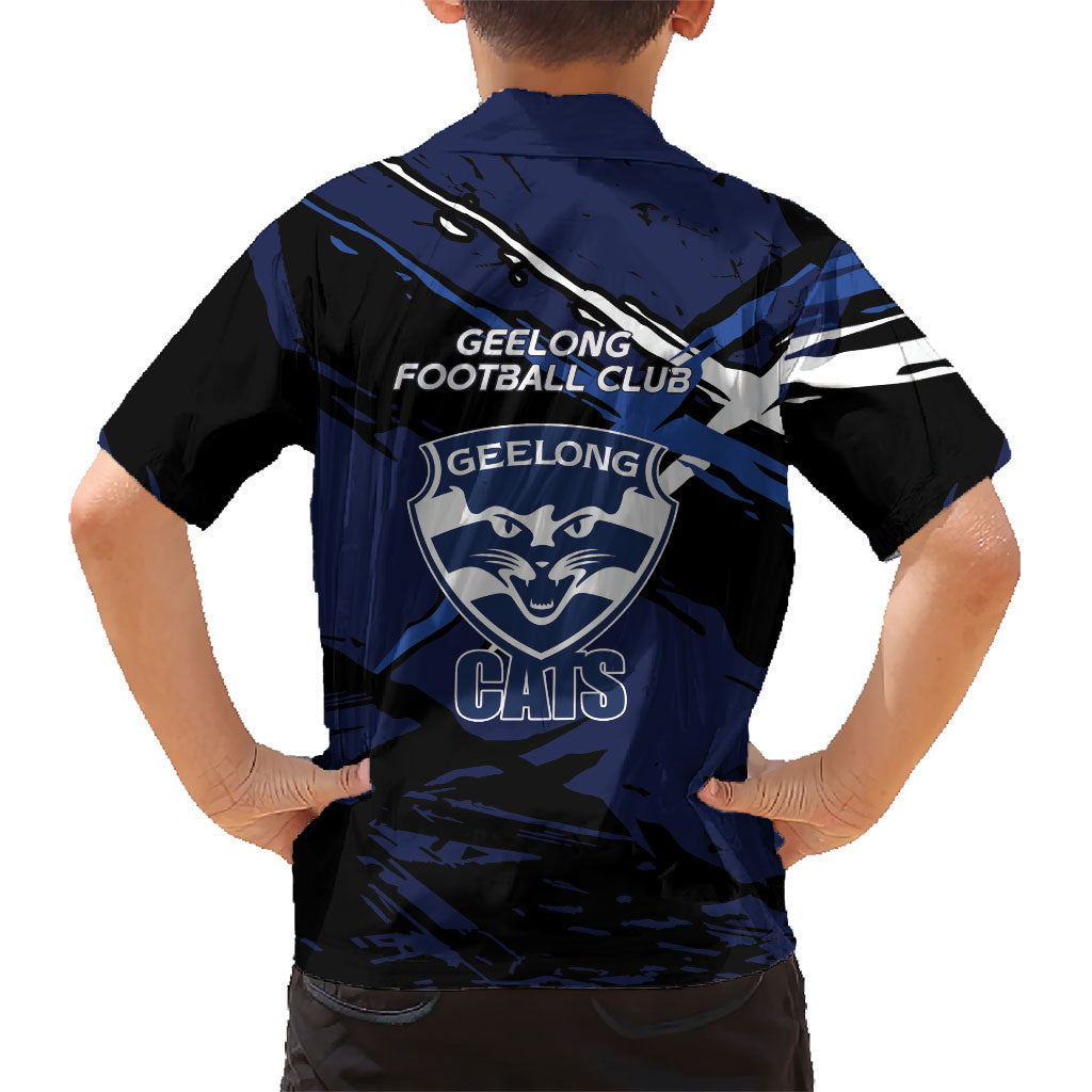 Geelong Football Club Family Matching Off Shoulder Short Dress and Hawaiian Shirt Cats Muscular Mascot Graphic - Abstract Paint Splatter Art