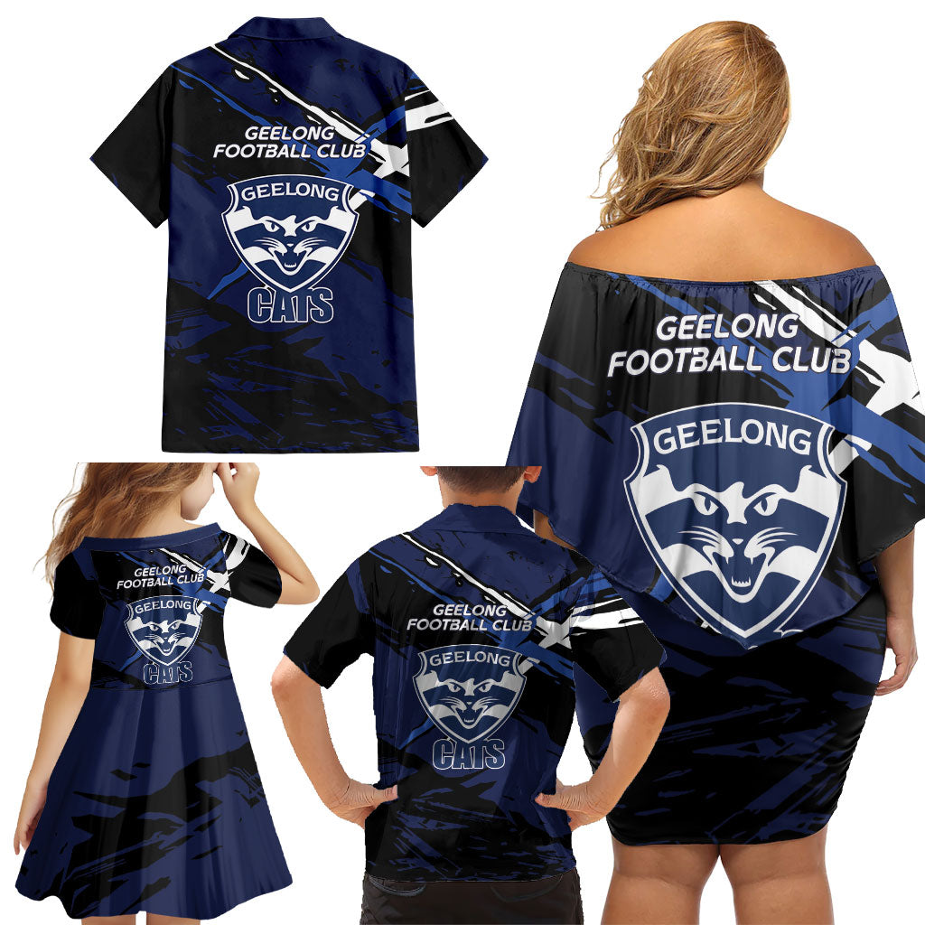 Geelong Football Club Family Matching Off Shoulder Short Dress and Hawaiian Shirt Cats Muscular Mascot Graphic - Abstract Paint Splatter Art