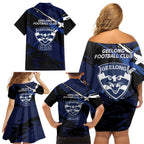 Geelong Football Club Family Matching Off Shoulder Short Dress and Hawaiian Shirt Cats Muscular Mascot Graphic - Abstract Paint Splatter Art