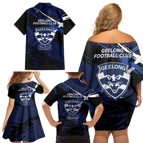 Geelong Football Club Family Matching Off Shoulder Short Dress and Hawaiian Shirt Cats Muscular Mascot Graphic - Abstract Paint Splatter Art