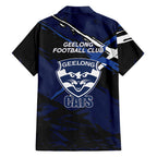 Geelong Football Club Family Matching Off Shoulder Short Dress and Hawaiian Shirt Cats Muscular Mascot Graphic - Abstract Paint Splatter Art