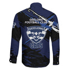 Geelong Football Club Family Matching Off Shoulder Short Dress and Hawaiian Shirt Cats Muscular Mascot Graphic - Abstract Paint Splatter Art