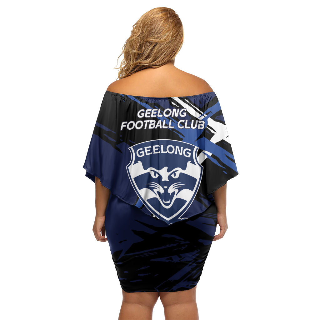 Geelong Football Club Family Matching Off Shoulder Short Dress and Hawaiian Shirt Cats Muscular Mascot Graphic - Abstract Paint Splatter Art