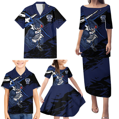 Geelong Football Club Family Matching Puletasi and Hawaiian Shirt Cats Muscular Mascot Graphic - Abstract Paint Splatter Art