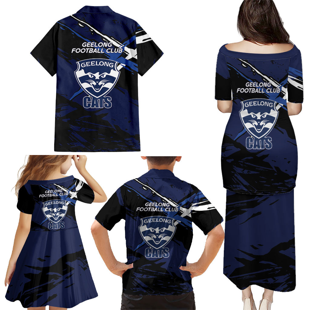 Geelong Football Club Family Matching Puletasi and Hawaiian Shirt Cats Muscular Mascot Graphic - Abstract Paint Splatter Art