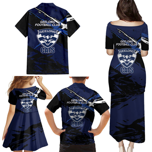 Geelong Football Club Family Matching Puletasi and Hawaiian Shirt Cats Muscular Mascot Graphic - Abstract Paint Splatter Art