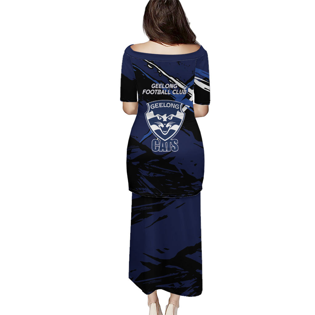 Geelong Football Club Family Matching Puletasi and Hawaiian Shirt Cats Muscular Mascot Graphic - Abstract Paint Splatter Art