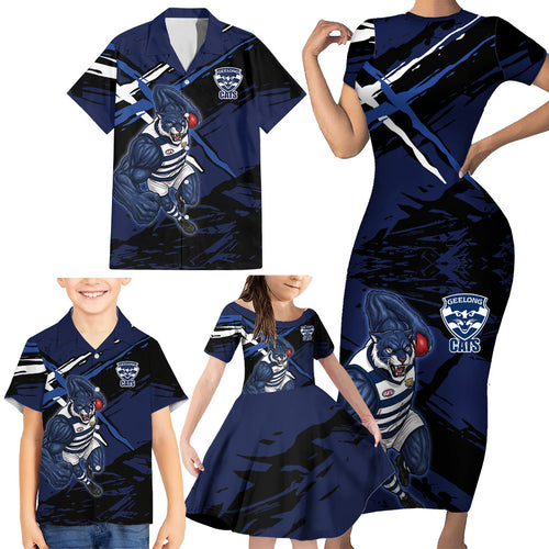 Geelong Football Club Family Matching Short Sleeve Bodycon Dress and Hawaiian Shirt Cats Muscular Mascot Graphic - Abstract Paint Splatter Art