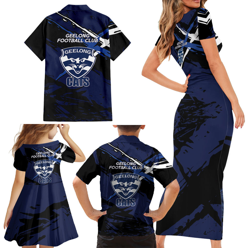 Geelong Football Club Family Matching Short Sleeve Bodycon Dress and Hawaiian Shirt Cats Muscular Mascot Graphic - Abstract Paint Splatter Art