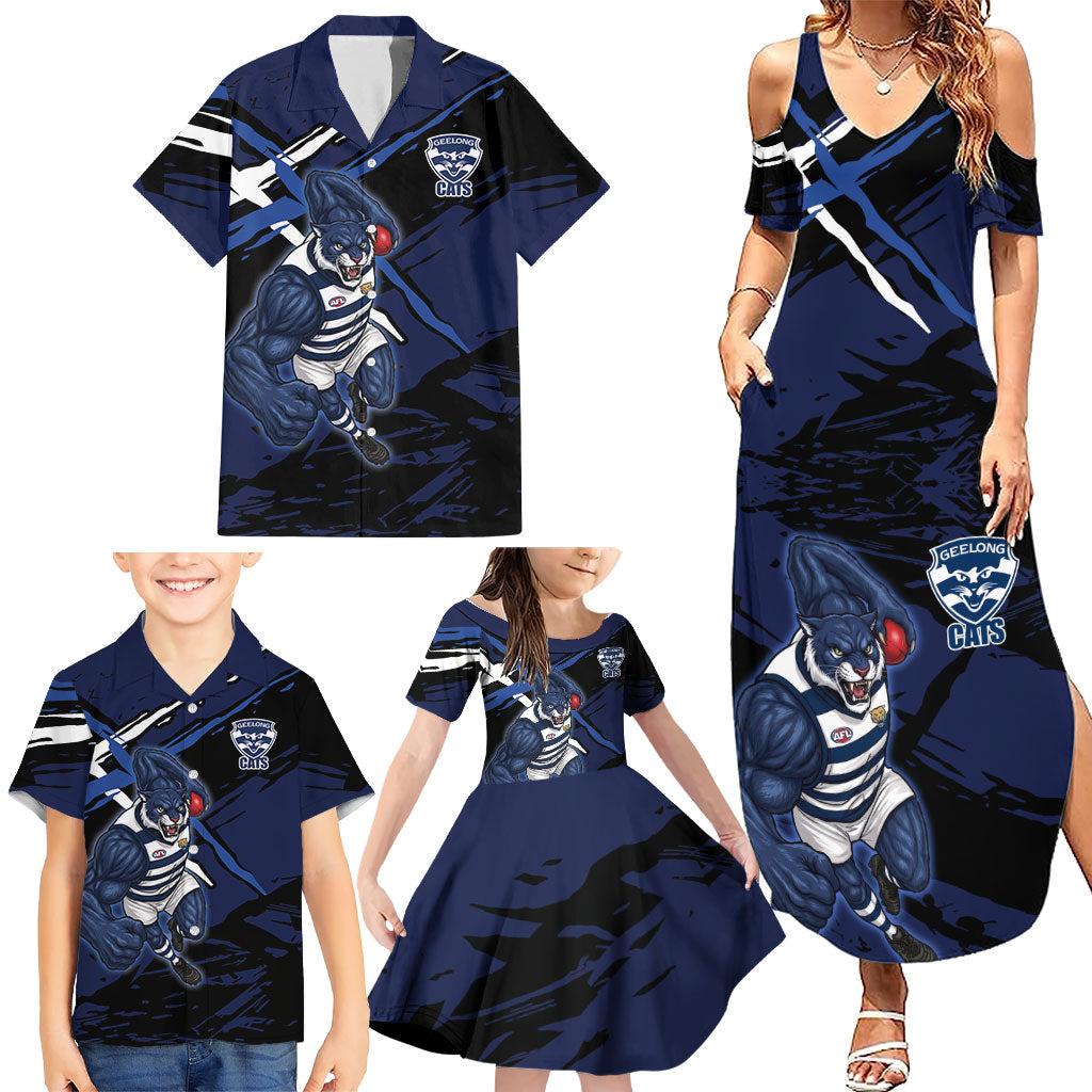 Geelong Football Club Family Matching Summer Maxi Dress and Hawaiian Shirt Cats Muscular Mascot Graphic - Abstract Paint Splatter Art