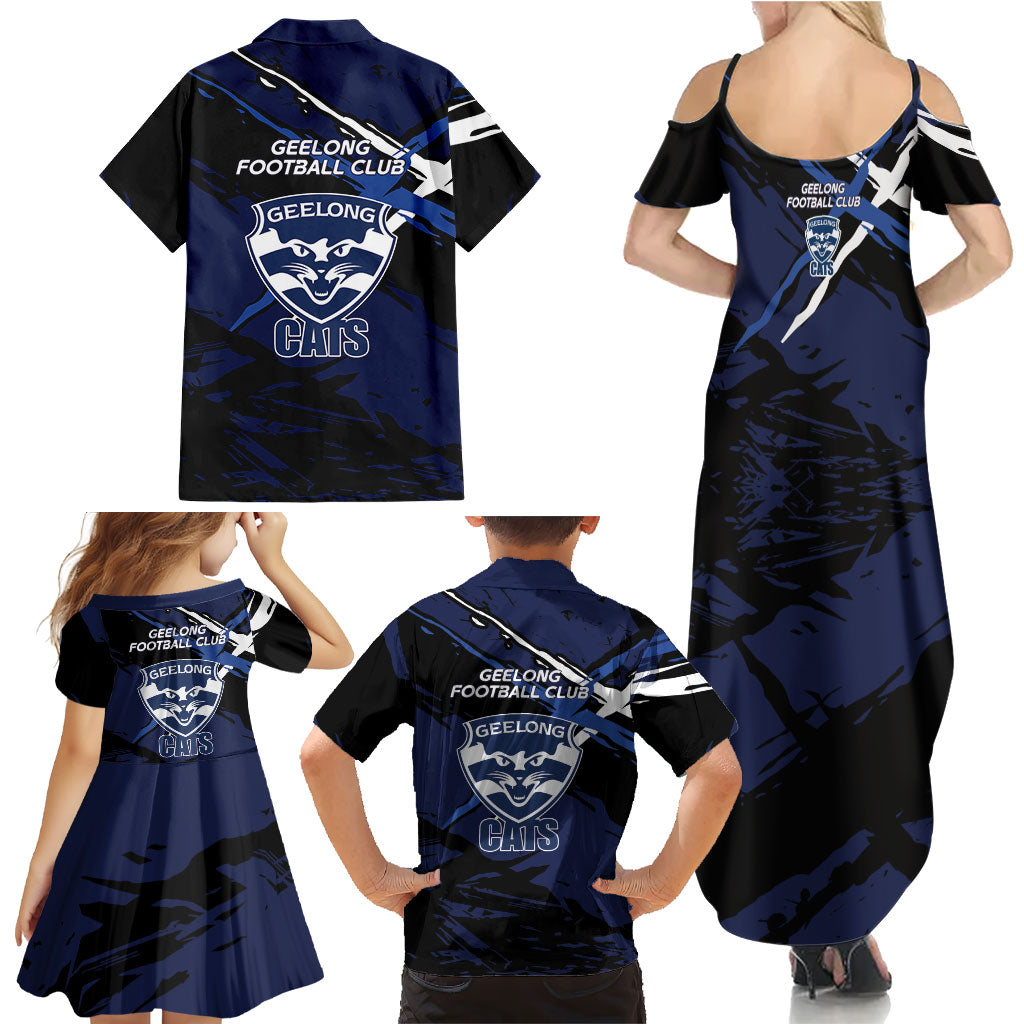 Geelong Football Club Family Matching Summer Maxi Dress and Hawaiian Shirt Cats Muscular Mascot Graphic - Abstract Paint Splatter Art