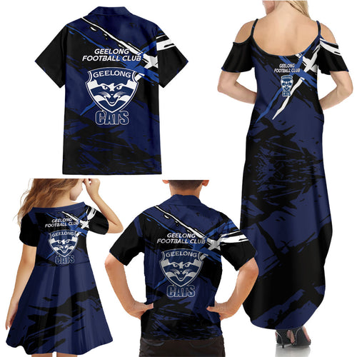 Geelong Football Club Family Matching Summer Maxi Dress and Hawaiian Shirt Cats Muscular Mascot Graphic - Abstract Paint Splatter Art