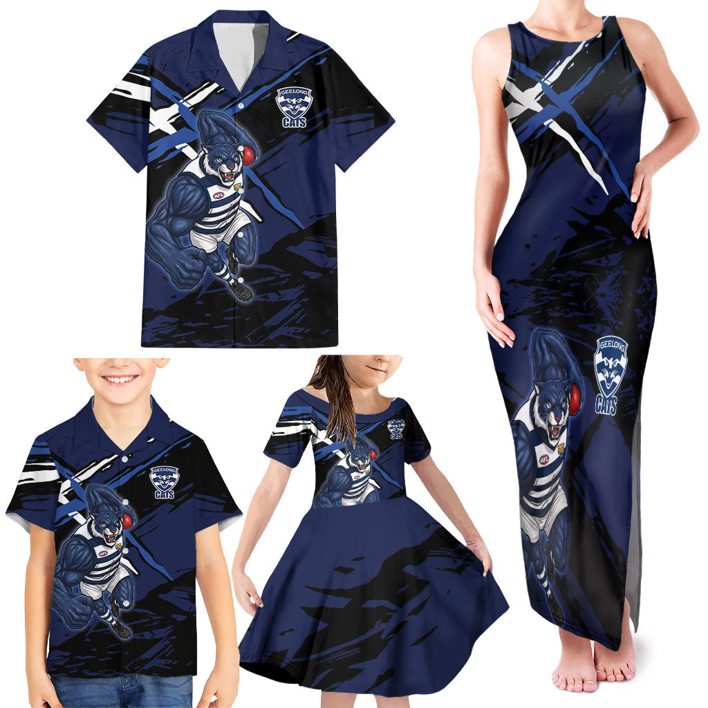 Geelong Football Club Family Matching Tank Maxi Dress and Hawaiian Shirt Cats Muscular Mascot Graphic - Abstract Paint Splatter Art