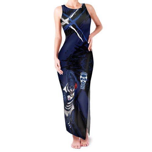 Geelong Football Club Family Matching Tank Maxi Dress and Hawaiian Shirt Cats Muscular Mascot Graphic - Abstract Paint Splatter Art
