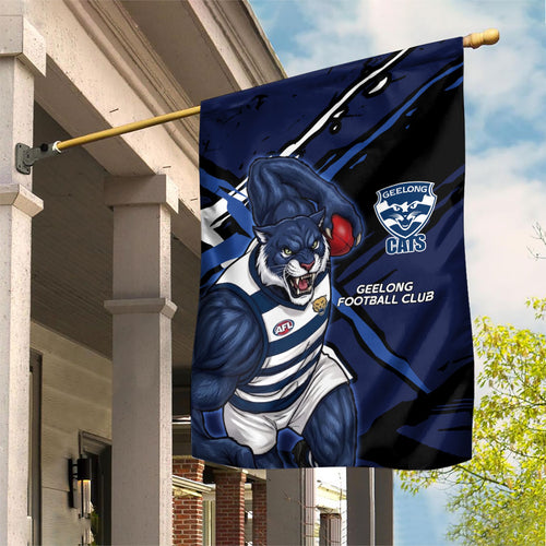 Geelong Football Club Garden Flag Cats Muscular Mascot Graphic - Abstract Paint Splatter Art